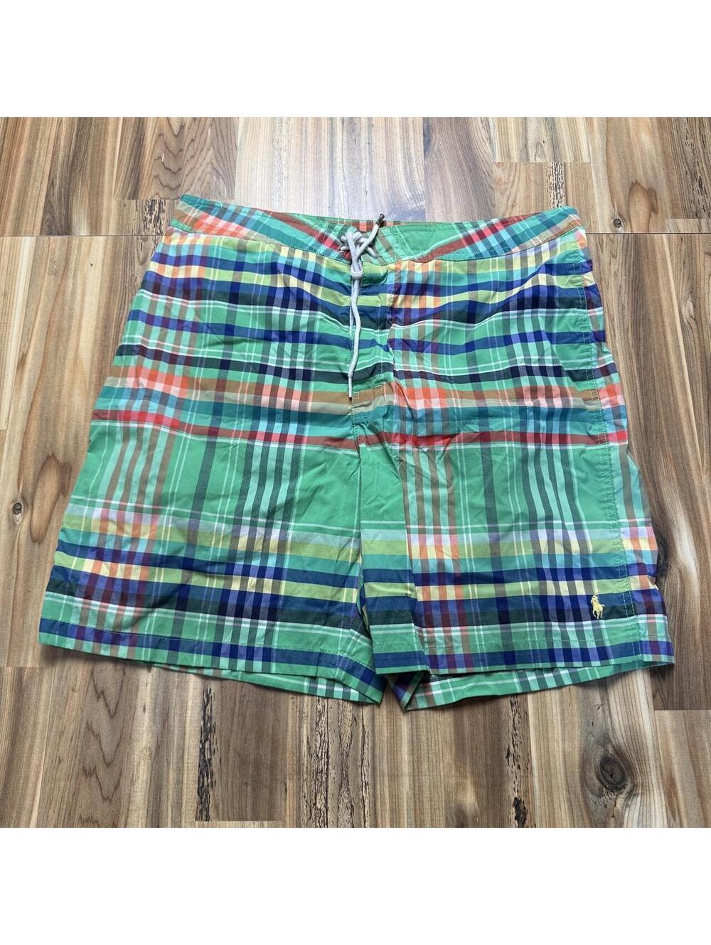 Polo Ralph Lauren green, blue, red, and orange plaid swim trunks size 35